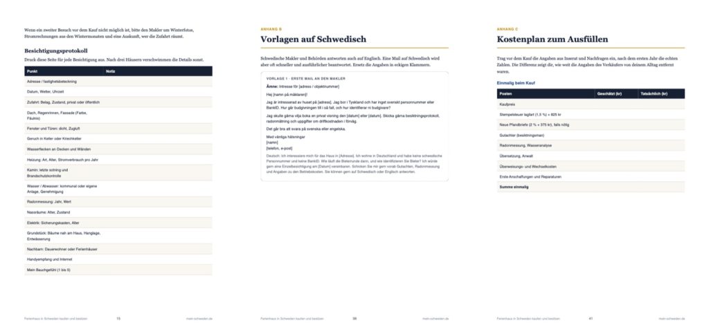 Drei Beispielseiten aus dem E-Book: Besichtigungsprotokoll, Vorlage auf Schwedisch, Kostenplan