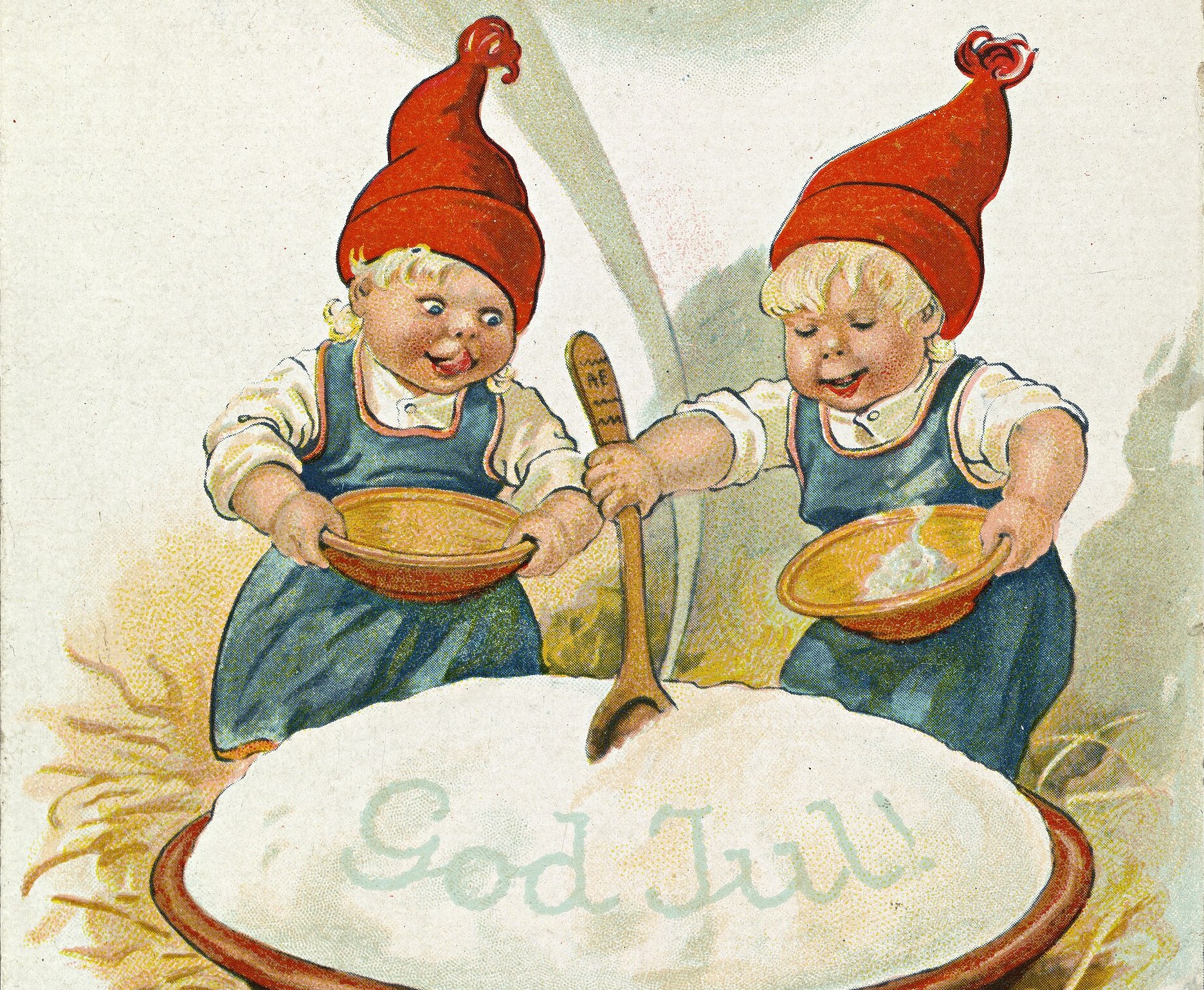 Alte schwedische Weihnachtskarte: zwei Tomtar mit roten Zipfelmützen am Topf mit Milchreisbrei, darin der Schriftzug God Jul!