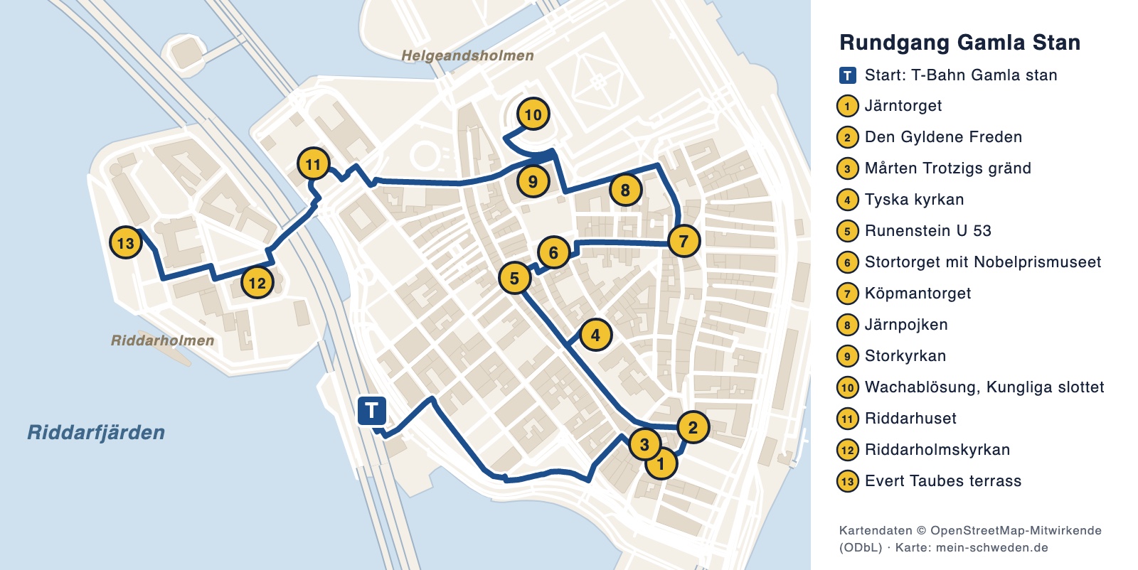 Karte zum Rundgang durch Gamla Stan mit 13 nummerierten Stationen von Järntorget bis zur Evert Taubes terrass