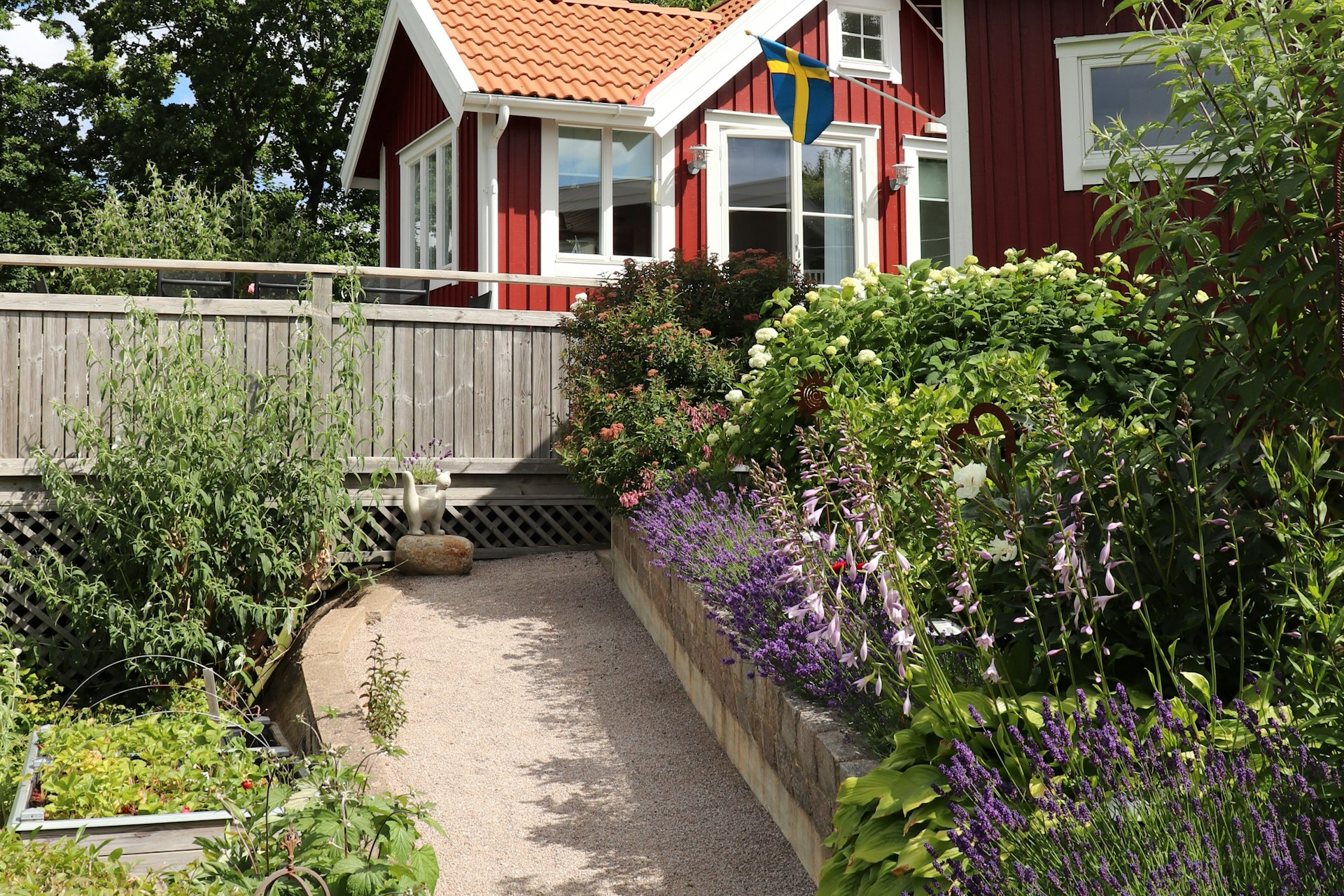 Rotes Holzhaus mit schwedischer Flagge und Garten in Karlskrona, Symbolbild für Haus in Schweden kaufen