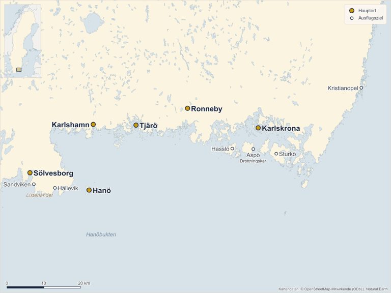 Karte von Blekinge mit Sölvesborg, Hanö, Karlshamn, Tjärö, Ronneby und Karlskrona