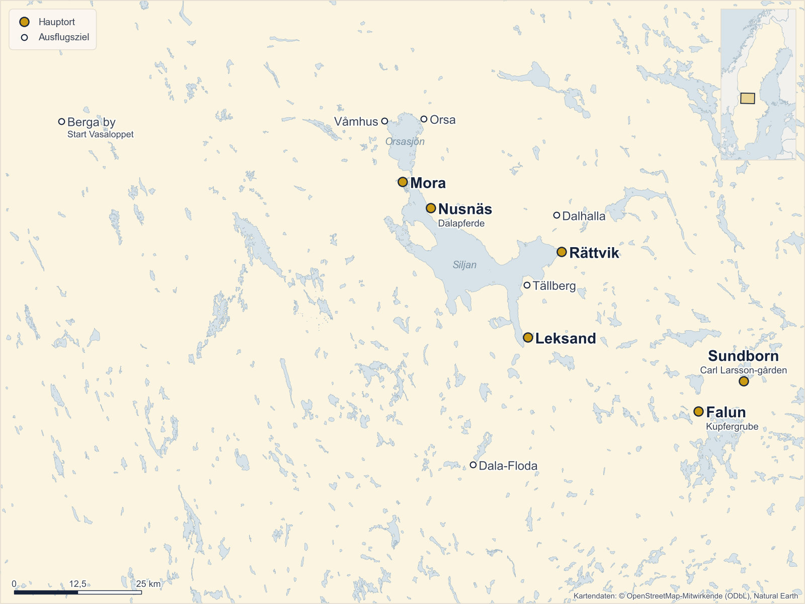 Karte: Dalarna mit Mora, Rättvik, Leksand, Nusnäs, Falun und Sundborn