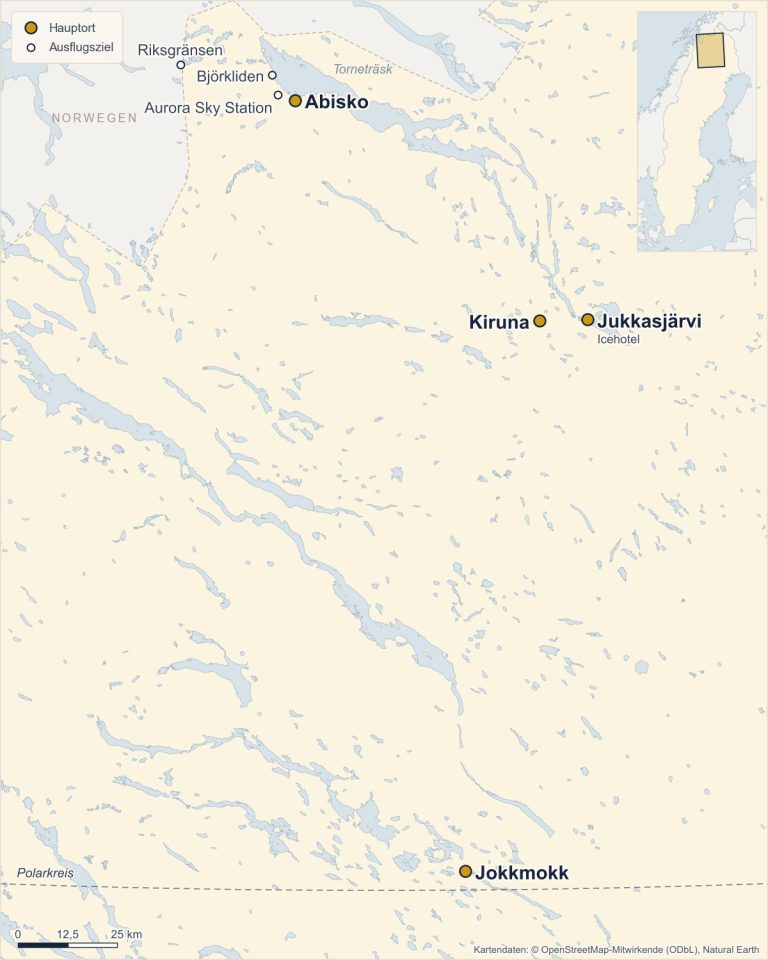 Karte von Schwedisch-Lappland mit Kiruna, Jukkasjärvi, Abisko und Jokkmokk