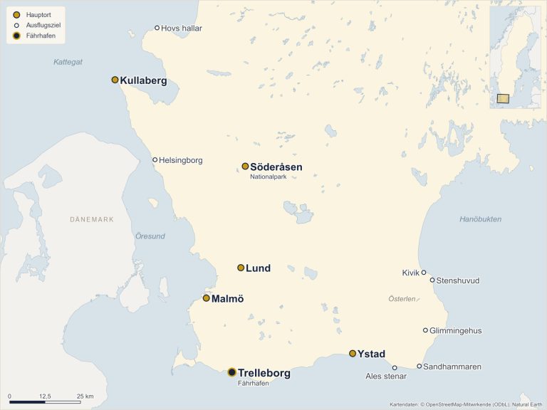 Karte von Skåne in Südschweden mit Ystad, Malmö, Lund, Kullaberg, Söderåsen und Ausflugszielen wie Ales stenar und Stenshuvud