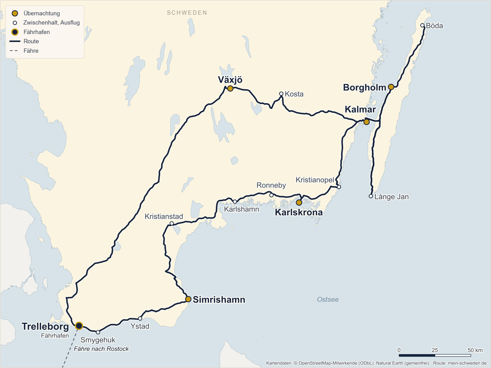 Karte der Route Südosten und Småland in 10 Tagen: Trelleborg, Simrishamn, Karlskrona, Kalmar, Borgholm auf Öland und Växjö
