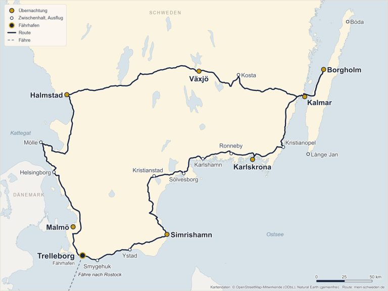 Karte der Roadtrip-Route durch Südschweden in 14 Tagen ab Trelleborg über Simrishamn, Karlskrona, Kalmar, Öland, Växjö, Halmstad und Malmö
