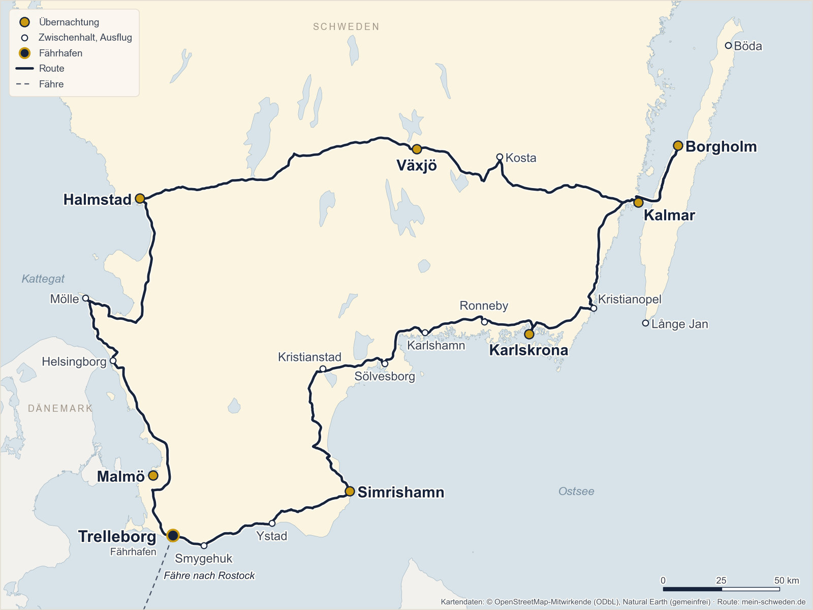 Karte der großen Runde durch Südschweden in 14 Tagen: vom Fährhafen Trelleborg über Simrishamn, Karlskrona, Kalmar, Borgholm auf Öland, Växjö und Halmstad bis Malmö und zurück nach Trelleborg