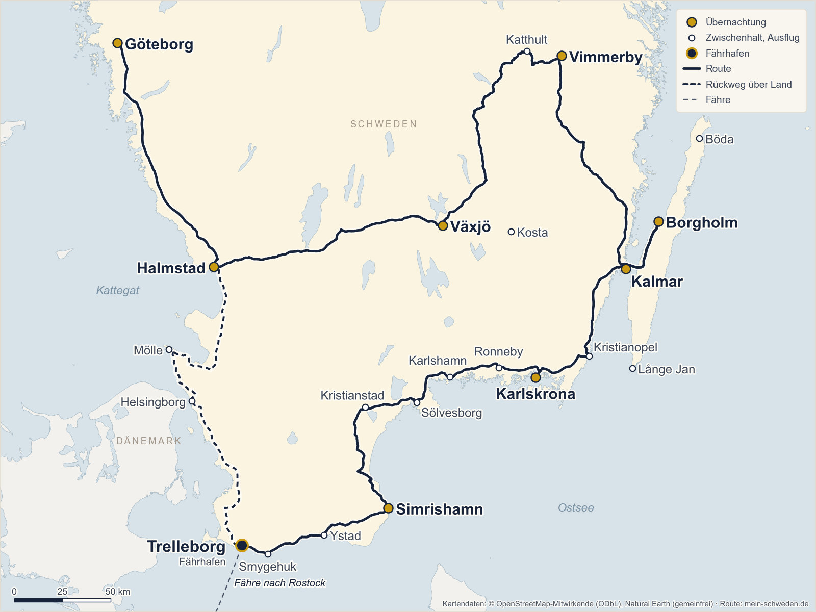 Karte der Route drei Wochen mit Westküste: Trelleborg, Simrishamn, Karlskrona, Kalmar, Borgholm, Vimmerby, Växjö, Halmstad und Göteborg, Rückweg über Land oder mit der Fähre