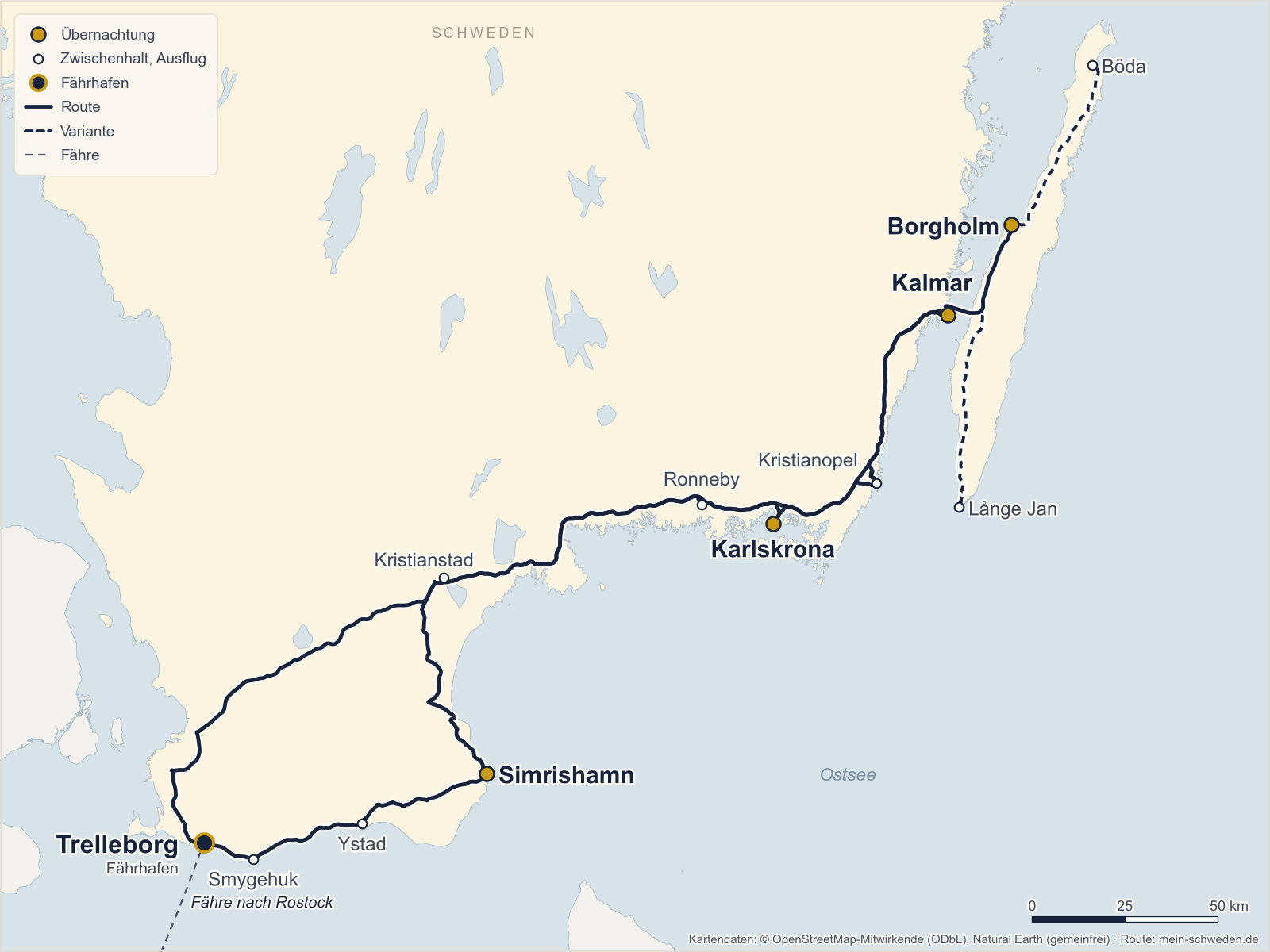 Karte der Route Ostseeküste in 7 Tagen: vom Fährhafen Trelleborg über Simrishamn und Karlskrona nach Kalmar und Borgholm auf Öland