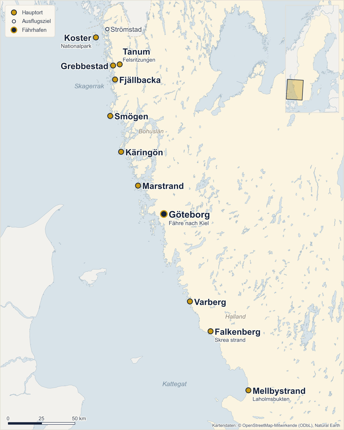 Karte: Die Westküste von Halland bis Bohuslän mit Mellbystrand, Falkenberg, Varberg, Marstrand, Käringön, Smögen, Fjällbacka, Grebbestad, Koster und Tanum