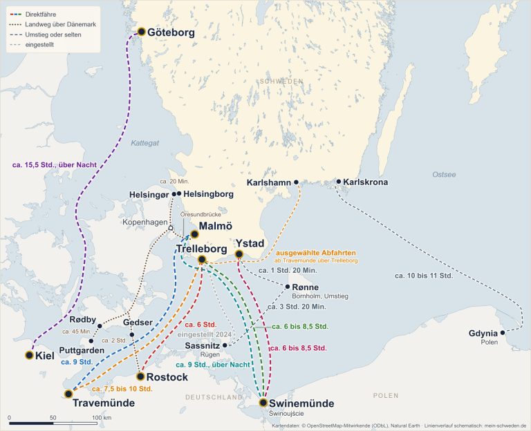 Karte aller Fährverbindungen von Deutschland nach Schweden mit Fahrzeiten, dazu der Landweg über Dänemark und der Weg über Bornholm