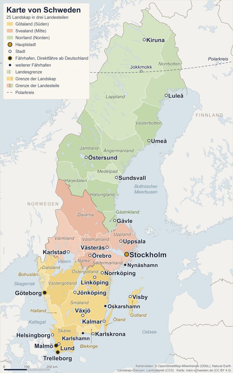 Karte von Schweden mit den 25 Landskap in den Farben der Landesteile Götaland, Svealand und Norrland, den wichtigsten Städten von Malmö bis Kiruna, den Fährhäfen Trelleborg, Malmö und Göteborg und dem Polarkreis