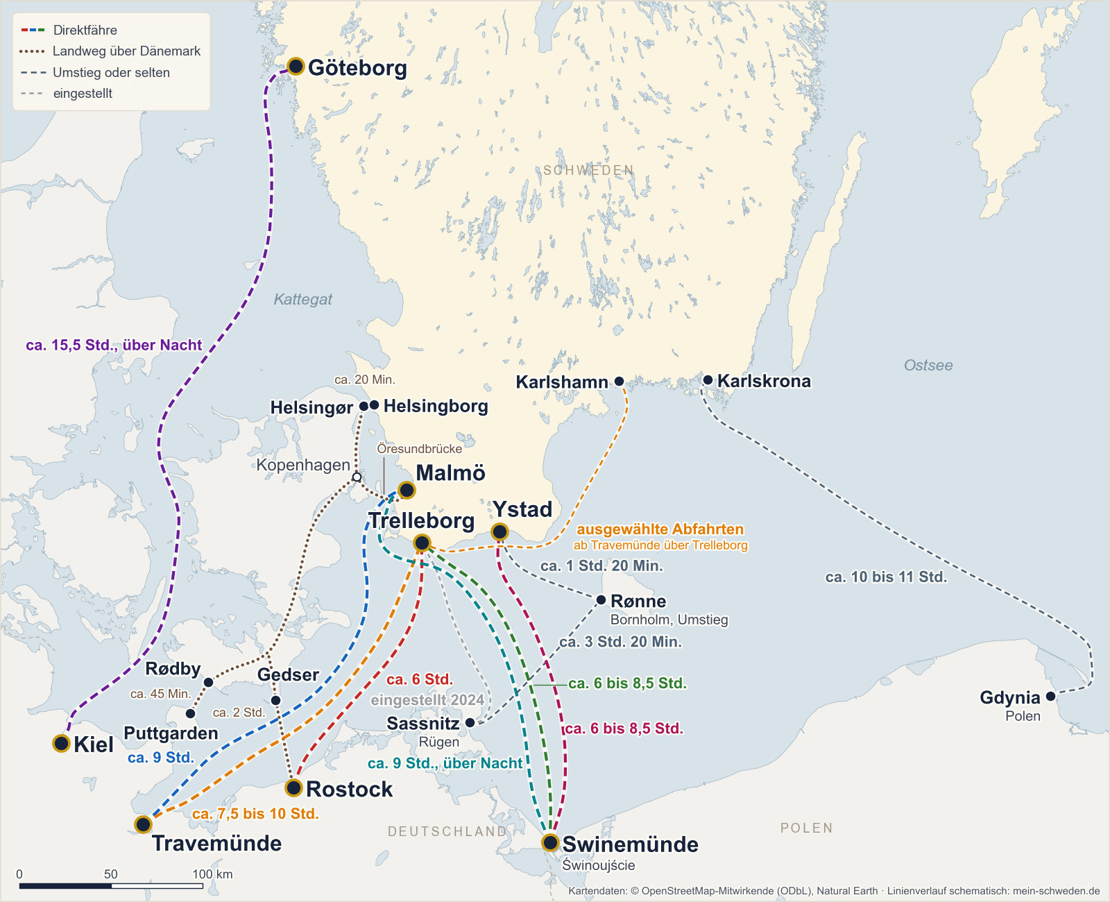 Karte der Fährverbindungen von Deutschland nach Schweden